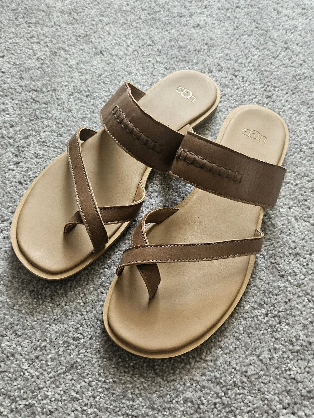 UGG Brown Leather Toe-Loop Slide Sandals